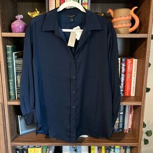 Navy Blue Petite Silky Button Down Top